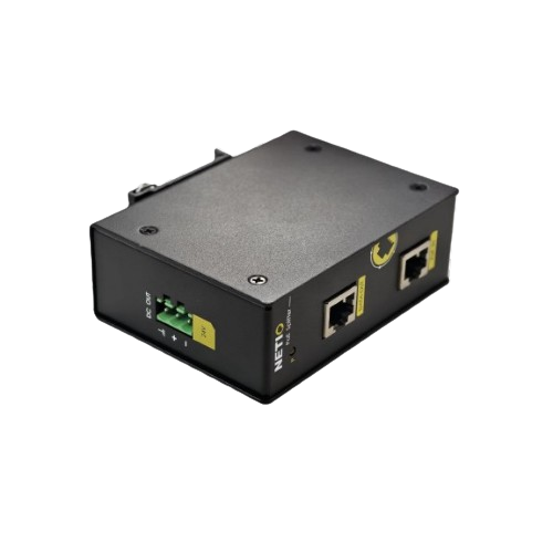 Angled top view of NE-PoE-SPL PoE splitter showing power input terminal and dual Ethernet ports